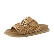 Cushionaire Weaver Summer Sandals for Women - Shiny Raffia Woven Slip On Womens Slides with Adjustable Buckle