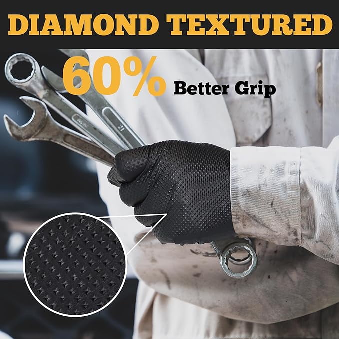 TitanFlex Heavy Duty Black Nitrile Gloves, Medium, 6 Mil with Raised Diamond Texture, Industrial Work Gloves Disposable Latex Free, Powder Free, Mechanic Disposable Gloves (Box of 100)