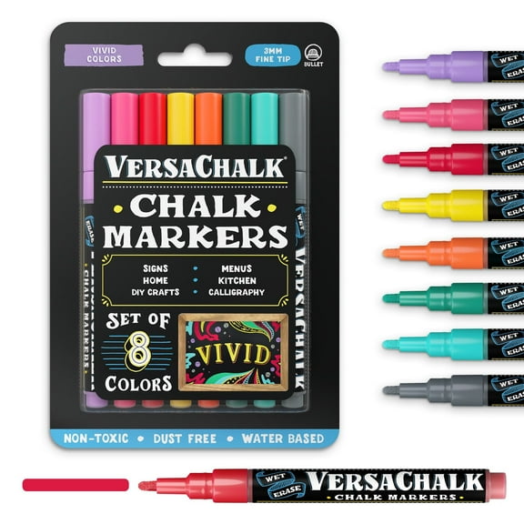 VersaChalk Vivid Chalk Markers, 8-Pack, 3mm Fine Tip, Wet-Erase, Non-Toxic