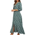 thumbnail image 1 of Qarigey Vestido de mujer con cuello en V y manga 3/4 Vestido largo con estampado de manga larga Ropa de cintura alta Vestidos Verde S, 1 of 6