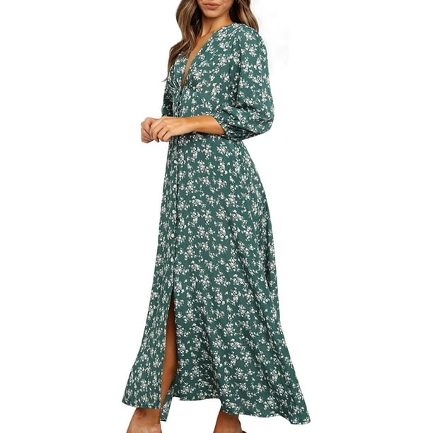 Sonducket Vestido de mujer con cuello en V y manga 3/4 Vestido largo con estampado de manga larga Ropa de cintura alta Vestidos Verde S