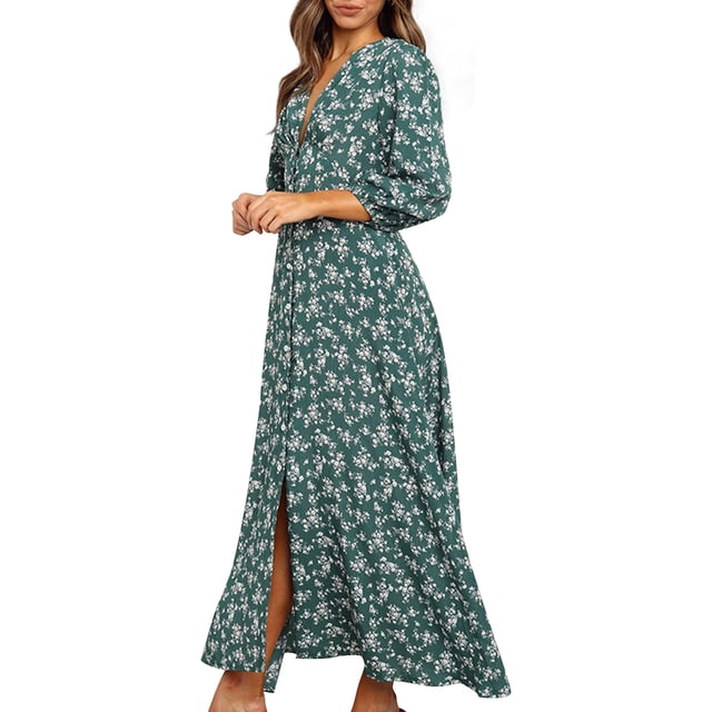 Qarigey Vestido de mujer con cuello en V y manga 3/4 Vestido largo con estampado de manga larga Ropa de cintura alta Vestidos Verde L