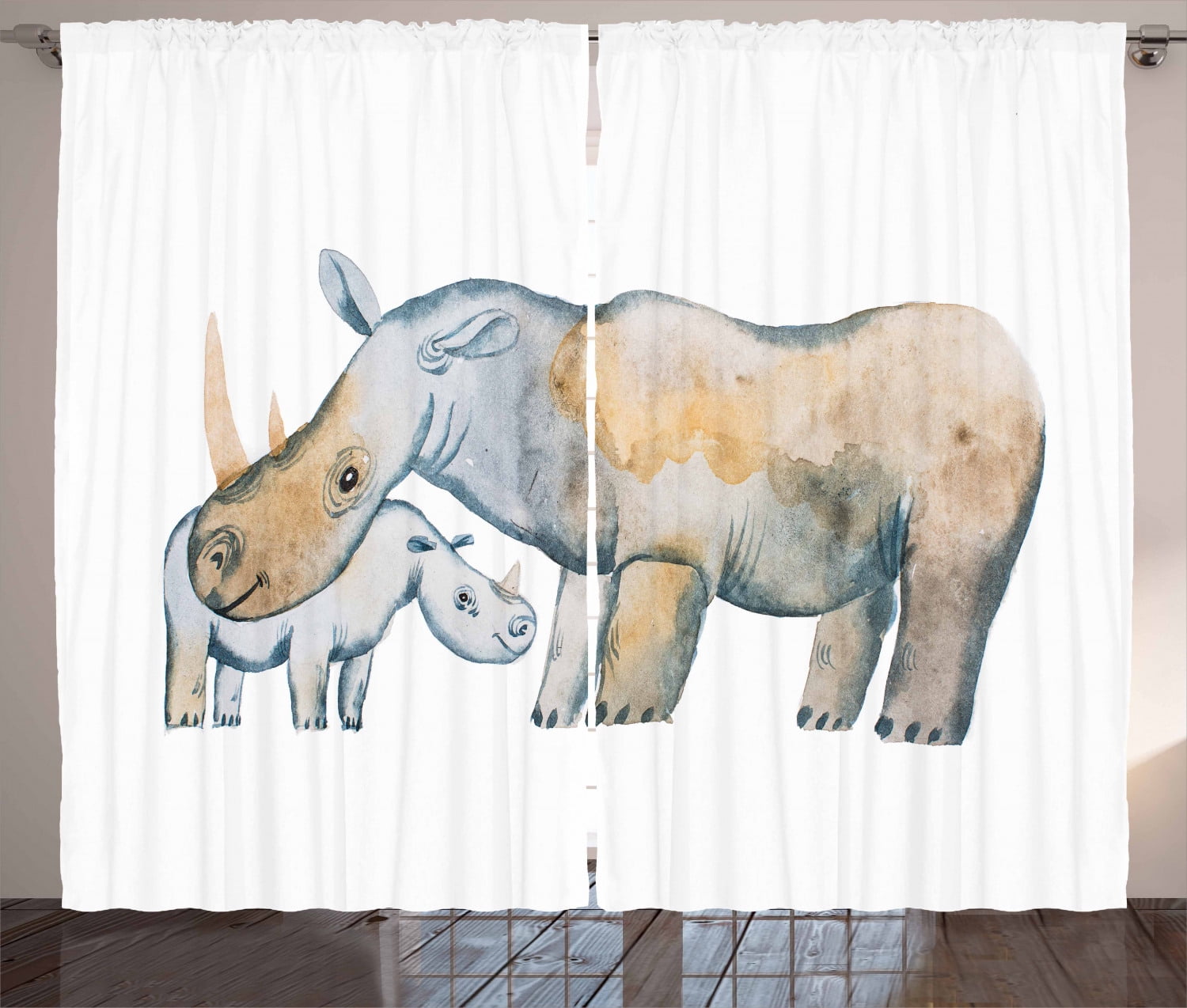 Hippo Curtains 2 Panels Set Mother And Baby Two Hippos Drawn With