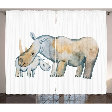 Hippo Curtains 2 Panels Set Mother And Baby Two Hippos Drawn With