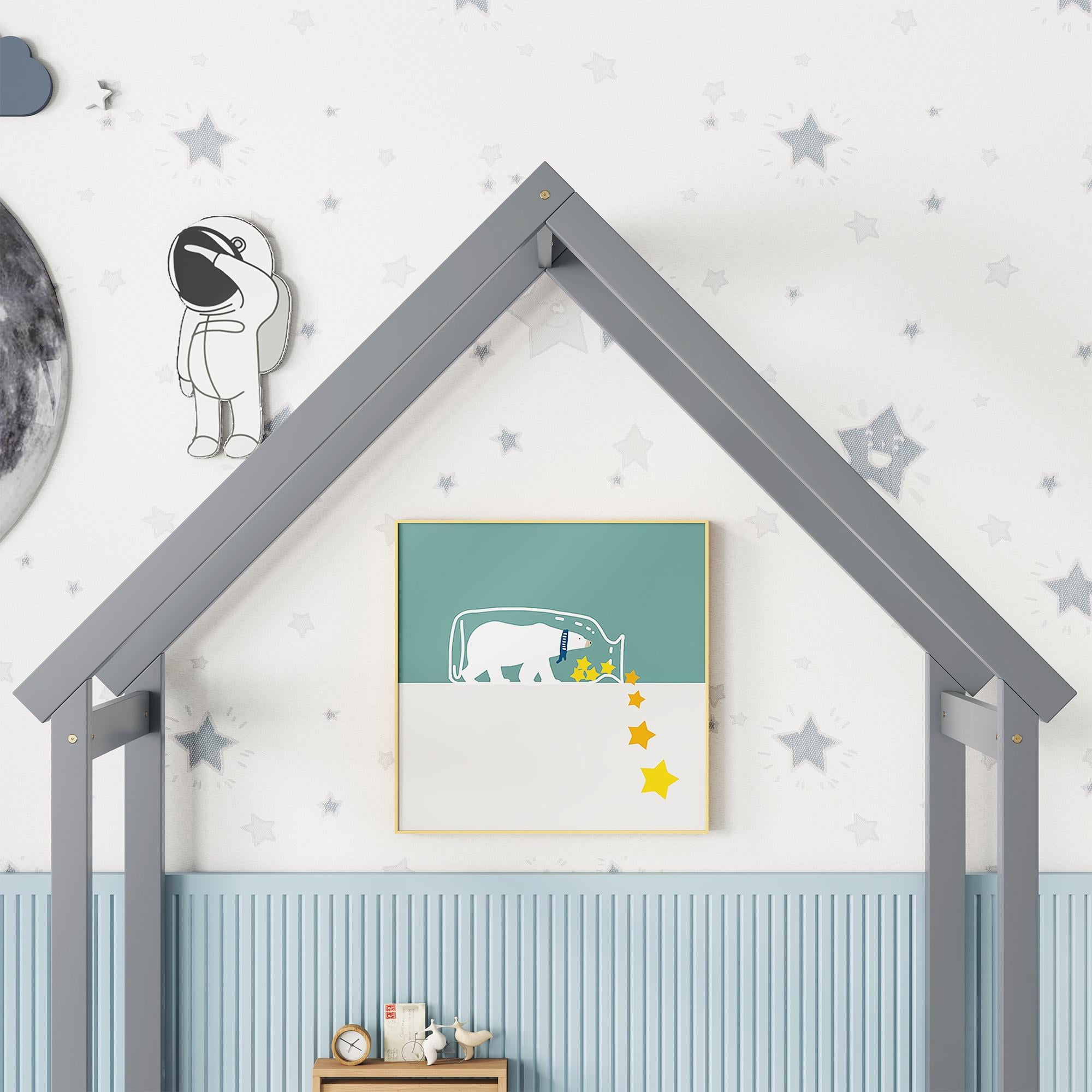 PORKISS Full Size Floor Bed for Kids, Wood Montessori Bed with House-shaped Roof, Grey