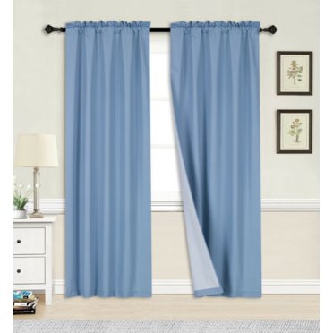 2PC LIGHT BLUE BLACKOUT PANEL LINEN WHITE BACKING ROD POCKET PRIVACY ...