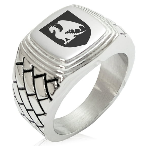 Stainless Steel Dragon Guardian Coat of Arms Shield Geometric Pattern Step-Down Biker Style Polished Ring