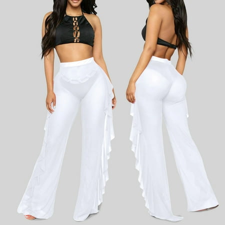 SNKSDGM Women s Plus Women s Pants Suit for Wedding Work Pants Women Plus Size High Waisted Women Mesh Ruffle Trim Cover up Pants Beach Cover up Wrap Bikini Shiny Wraps Cover Ups for Swimwear Pants