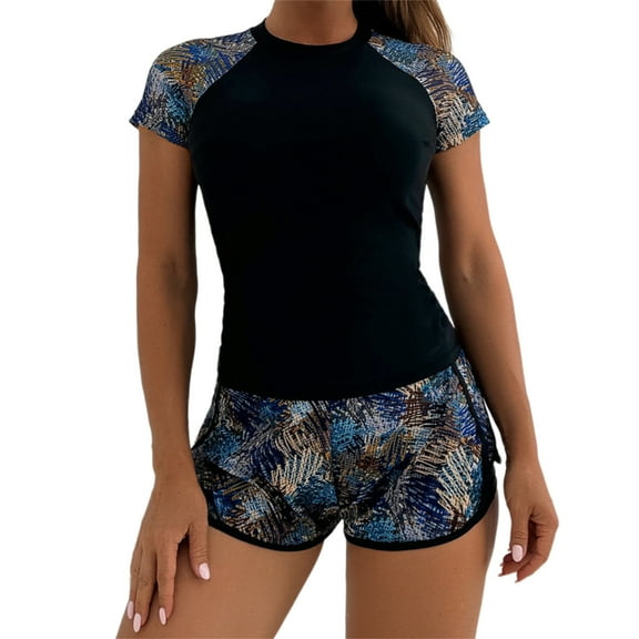 Women 2 Piece Rushguard Swimsuit Quick Dry Short Sleeve Swimwears with Boyshorts