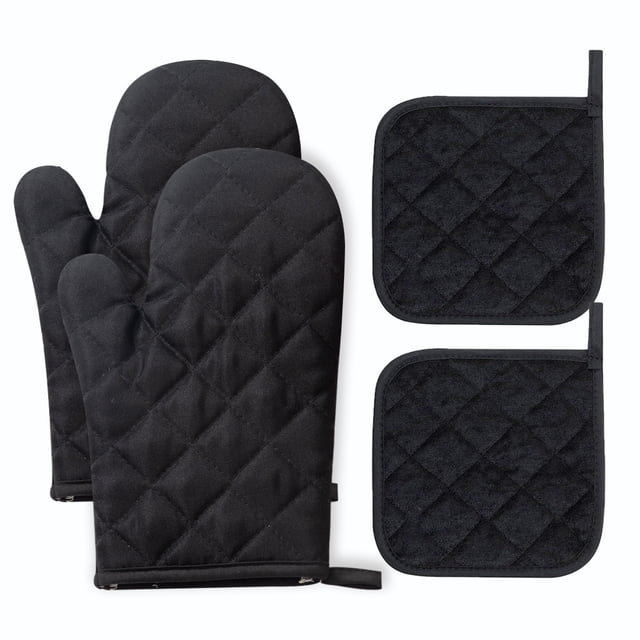 Oven Mitts and Pot Holders 4 pcs Set,High Heat Resistant 500 Degree Extra Thicken Long Kitchen Cotton Oven Glove for Cooking (,Black)