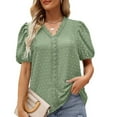 thumbnail image 2 of RYRJJ Blouses for Women Casual Summer Tops Lace Trim V Neck Short Sleeve Shirts Dressy Chiffon Swiss Dot Office Work Shirt(Green,S), 2 of 7