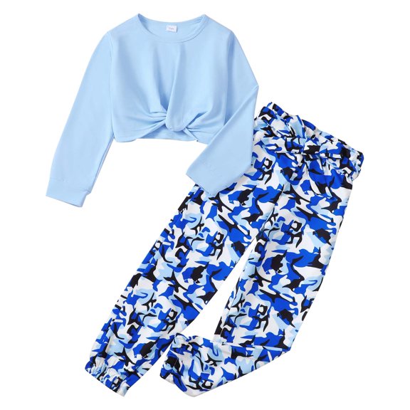 Yaoqi 9 Years Big Girl Outfit Set 10 Years Child Winter Clothes Long Sleeves Crop Top Camouflage Pants Wide Leg Pants 2pcs Casual Clothing Blue