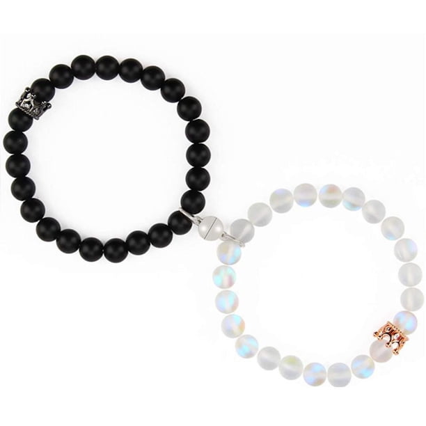 1 par de pulseras magnéticas para parejas, pulsera de cuentas conectadas para hombres y mujeres, pulsera de pareja de amantes de piedra natural para 2 pulseras elásticas BFF, pulsera magnética para mujeres y hombres JM