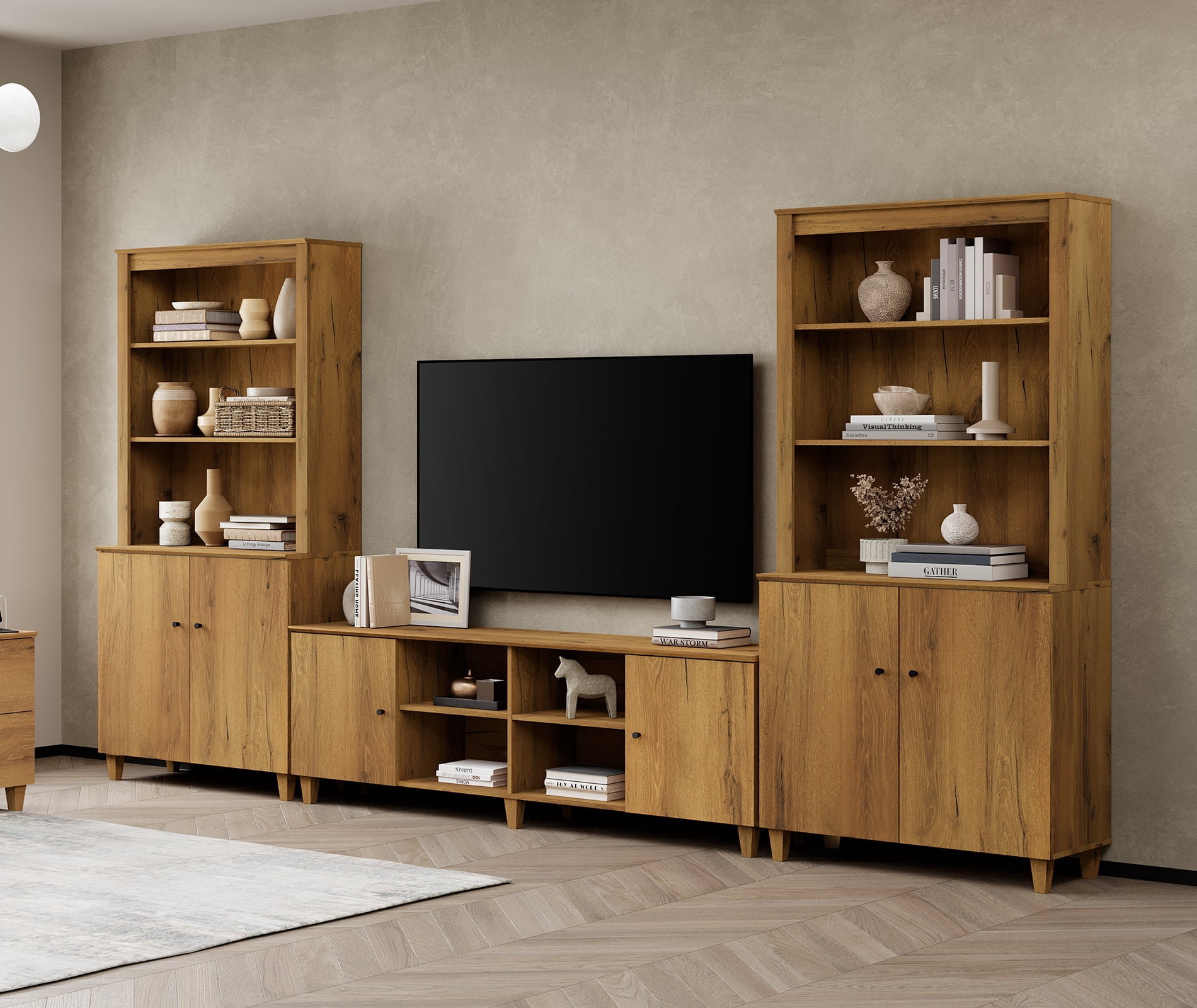 Modern TV Stand and Bookcase Set with Cabinets & Shelves for 75" TVs,Oak Brown