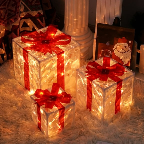 DiHTing 3 PCS Christmas Boxes Indoor Decorations Xmas Present for Tree Home Outdoor Porch Lawn Party Style 4