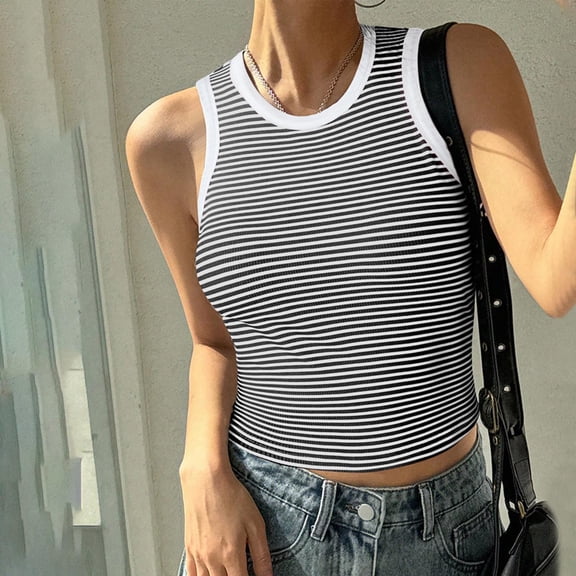 Summer Tank Tops for Women 2026 Summer Striped Print Crew Neck Tee Shirts Leisure Slim Fit Sleeveless Standard Straps Summer Shirts