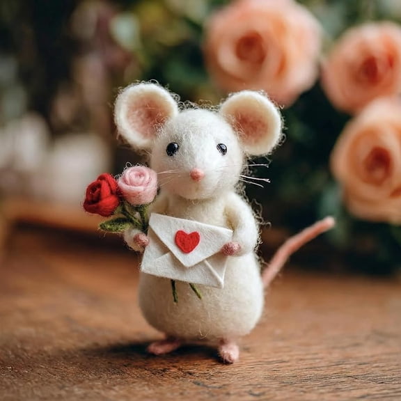 QenASHaing Needle Felted Mouse, Valentine's Day Gift, Charming Handmade Valentine Felt Mice Figurines, Felt Mouse Ornaments Tiered Tray Tabletop Decor, for Festive Home Car Decor