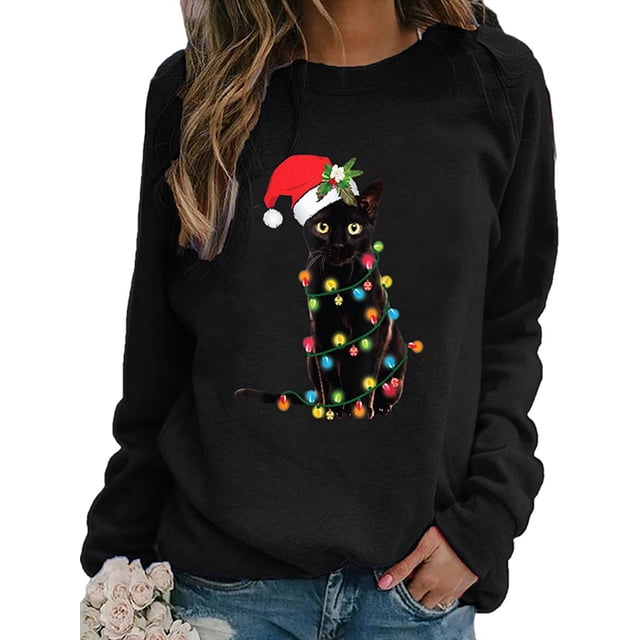MAWCLOS Chandail en Molleton Femme Imprimé Chat Chandails en Molleton de Noël Manches Longues Chandail de Noël Ample Col Rond Noir