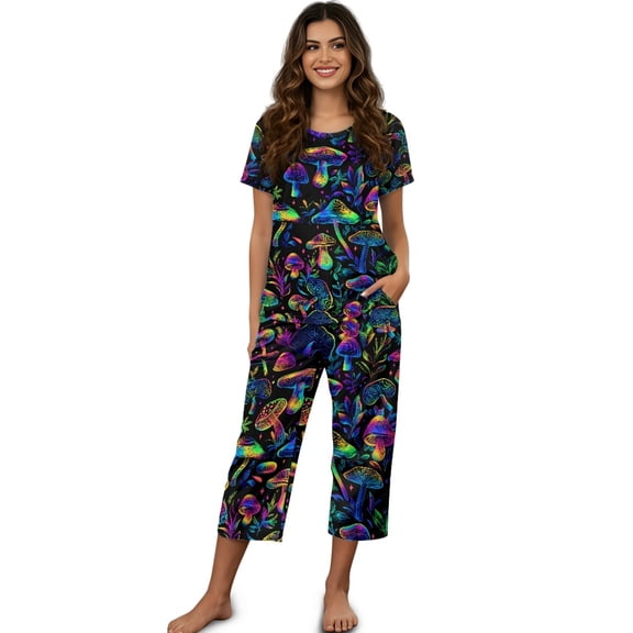 DISNIMO Mushroom Printed Women's Short Sleeve Pajama Sets Soft 2 Piece Pjs Set Summer Tops and Capri Pant Sleepwear for Home, S