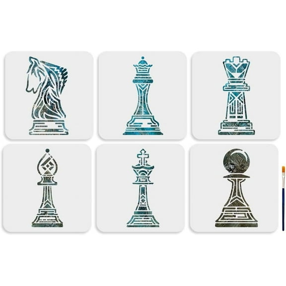 Chess Stencils Set 8x8 inch 6 Pieces with Paint Brush King Queen Pawn Rook Bishop Knight Templates for Wall Furniture DIY Art