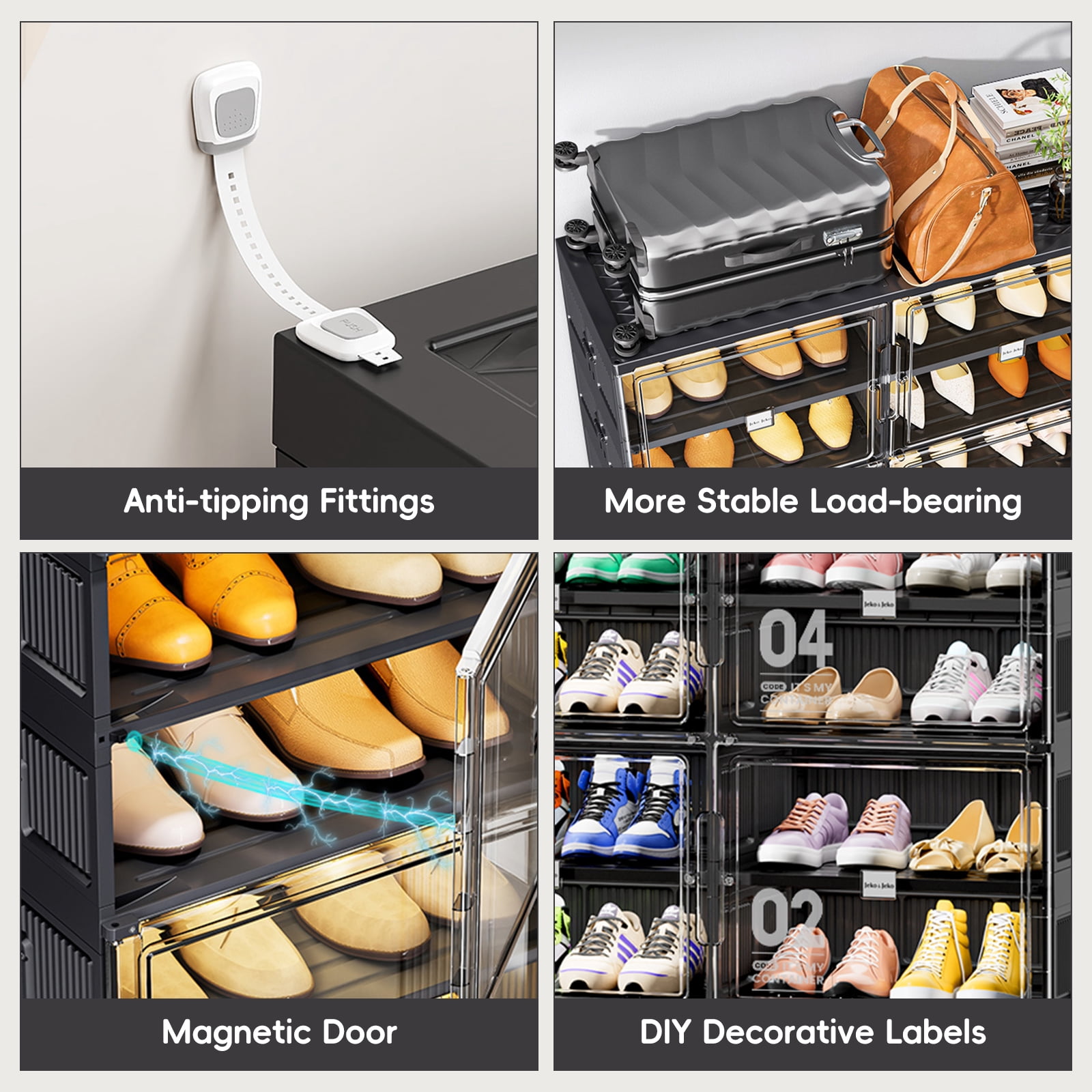 JEKO&JEKO 9 Tiers 36 Pairs Shoe Rack Organizer, Foldable Storage Cabinet for Closet with Magnetic Doors (Black)