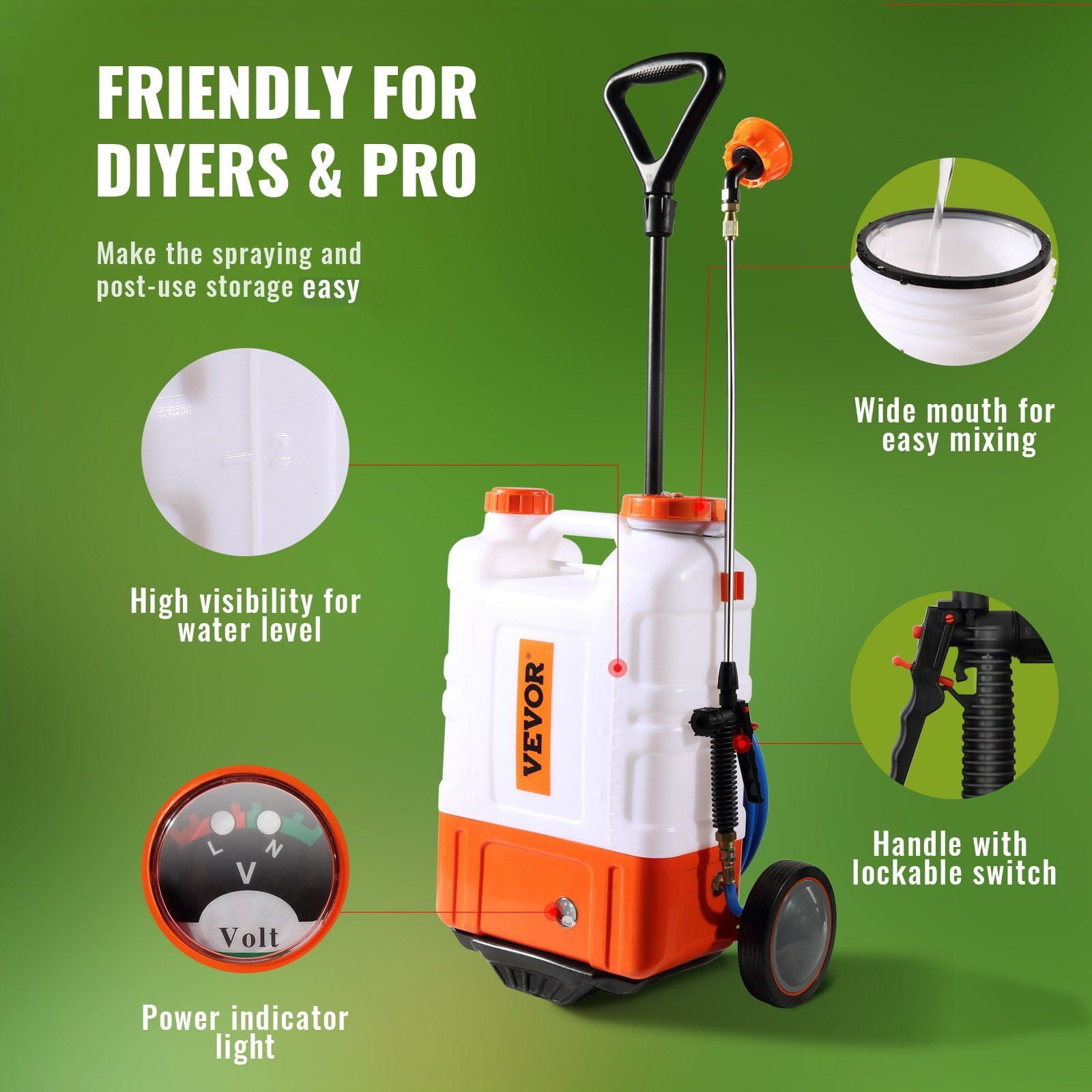 Battery Powered Backpack Sprayer Cart 4 Gallon Tank 0-94 PSI Adjustable Pressure 12V 7.2Ah Battery 8 Nozzles 2 Wands Wide Mouth Lid for Weeding Spraying Cleaning