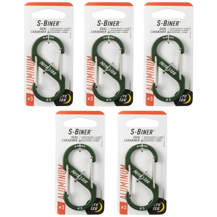 Nite Ize S-Biner Aluminum Dual Carabiner - Durable Dual Carabiner with Wire Gate Closure - Carabiner for Organizing Keys & Gear Attachments - Size 3, Olive (5 Pack)