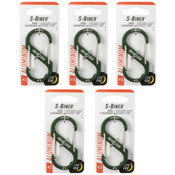 Nite Ize S-Biner Aluminum Dual Carabiner - Durable Dual Carabiner with Wire Gate Closure - Carabiner for Organizing Keys & Gear Attachments - Size 3, Olive (5 Pack)