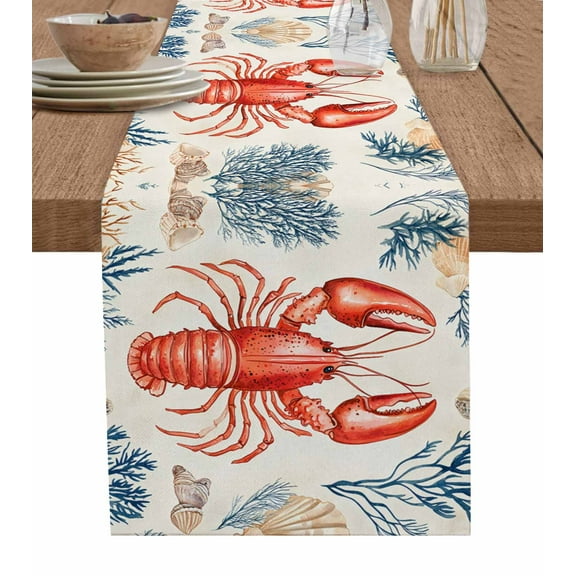 Lobster Coastal Burlap Cotton Table Runner 14x72 Inches Long, Summer Beach Coral Shell Nautical Red Blue Farmhouse Table Runners, Outdoor Dining Tablecloths Decor for Baby Shower/Party/Wedding