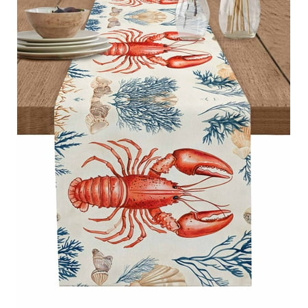 

Table Runner Ocean Marine Life Lobster Shell Coral Nautical Vintage Table Runners Dresser Scarves Holiday Kitchen Dining Table Decoration for Home Party Indoor 13x108 Inch
