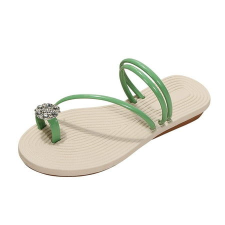 

Sandals Women Heels Slip On Fashion Summer Solid Color Leather Rhinestone Toe Straw Woven Flat Slippers Shoes For Women Slip On Sandals
