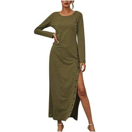 

Inkach Women Solid Color Long Sleeve Split Buttons Long Dress
