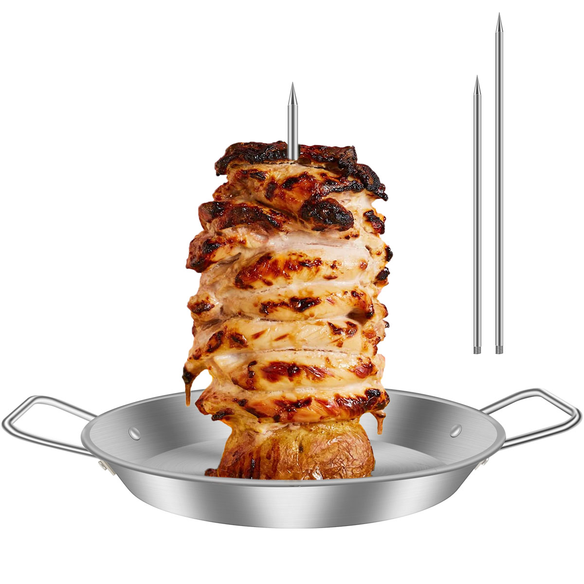Fyeme Vertical Meat Skewer Stainless Steel BBQ Vertical Skewer Grill with 3 Replacement Spikes Barbecue Vertical Skewer Grill Rack Stand with Handle for Whole Chicken Fish Sausage Steak - image 1 of 11