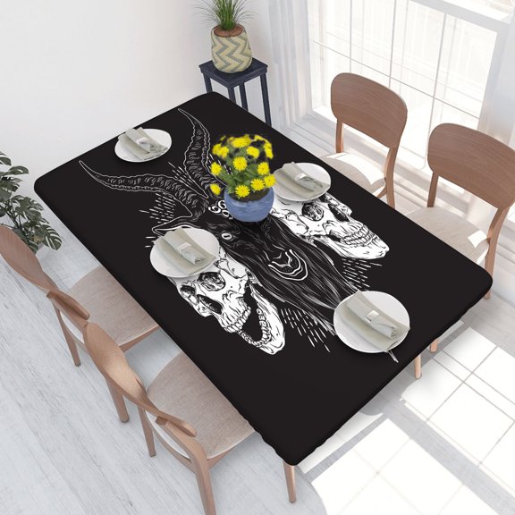 Elastic Edge Fitted Tablecloth Demon Goat Head And Human Skulls for Rectangle Table 4 FT 30 X 48 Inch