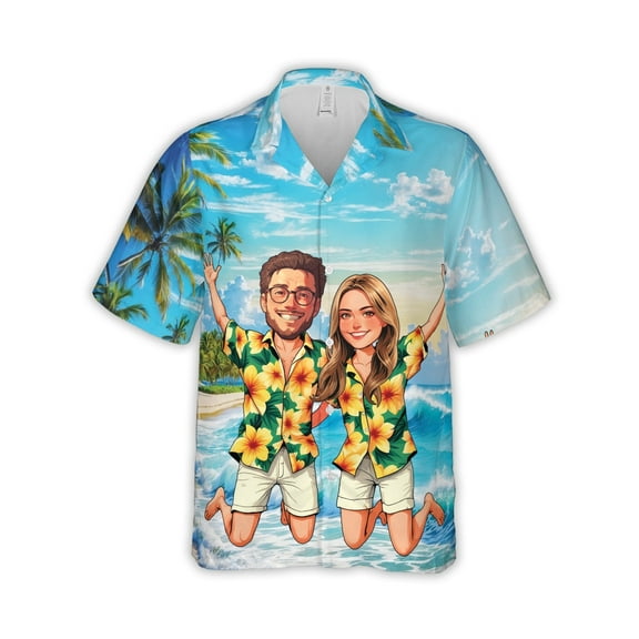 HOMYGIFTS Custom Face Couple Hawaiian Shirt – Personalized Tropical Beach Design for Couple