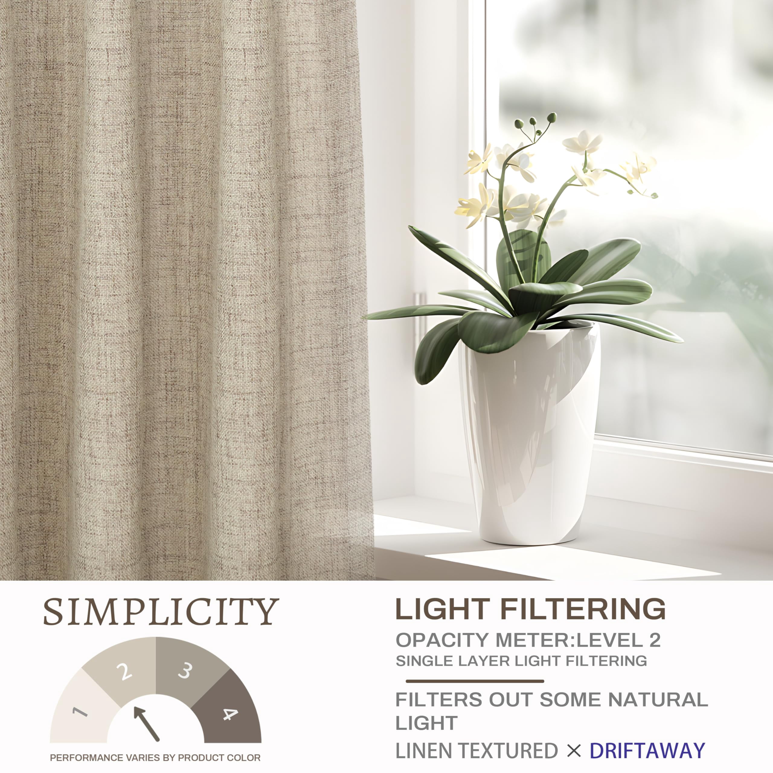 DriftAway Khaki Linen Curtains 108 Inches Long for Living Room Thick Semi Sheer 2 Panels Farmhouse 3 Inch Rod Pocket Back Tab Boho Rustic Light Filtering Window Drapes for Bedroom Privacy Assured