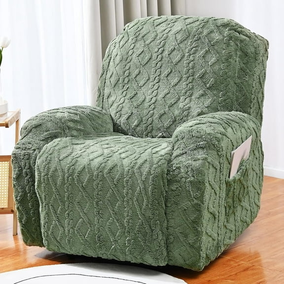 Recliner Covers for Large Recliner, Cover for Recliner Chair, Sofa Armrest Cover with Pockets, Jacquard Plush Stretch Recliner Sofa Slipcover for Armchairs, Protector for Living Room (Green)