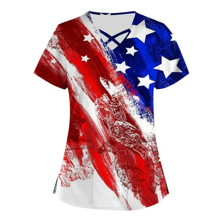 

Alrise USA Flag Tees Plus Size Independence Day Printed Scrub Working Uniform Tops For Women Cross V-Neck Short Sleeve Fun T-Shirts Workwear Tee With Pockets Red 3X-Large