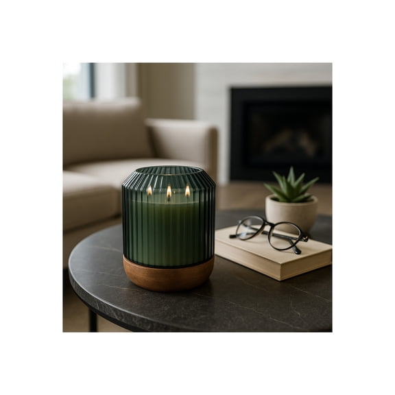 Decorative Ribbed Glass Scented Candle with Wood Base for Men and Women - Stylish Small Votive Candle for Outdoor and Indoor Area - Elegant Living Room, Bedroom, or Bathroom Decor - 7", Green & Brown