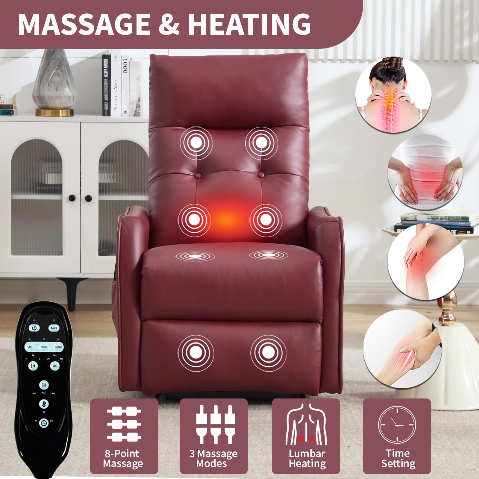 MAYEERTY Red Single Motor Power Lift Recliner Chair, 155° Recline PU Massage Heat Chair with USB for Elderly Living Room