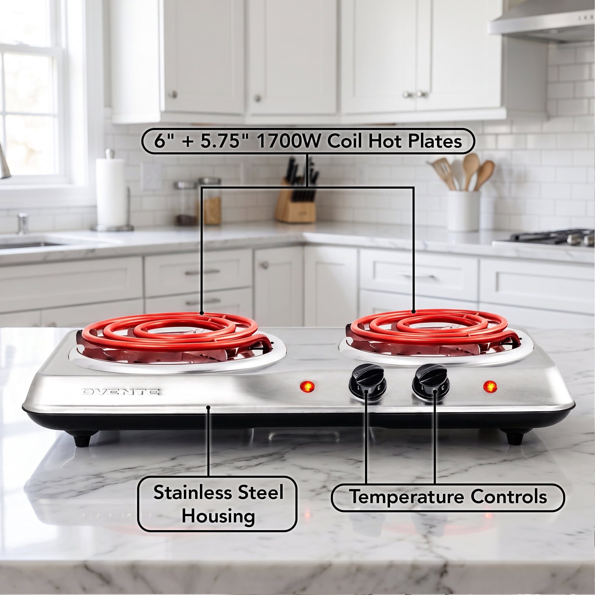 OVENTE Electric Double Burner, 1700W Coil Hot Plate, Silver BGC102S | 6" & 5.75" Portable Countertop Cooktop, Stainless Steel, 5-Level Temperature Control, Indicator Light, Easy-to-Clean, Compact