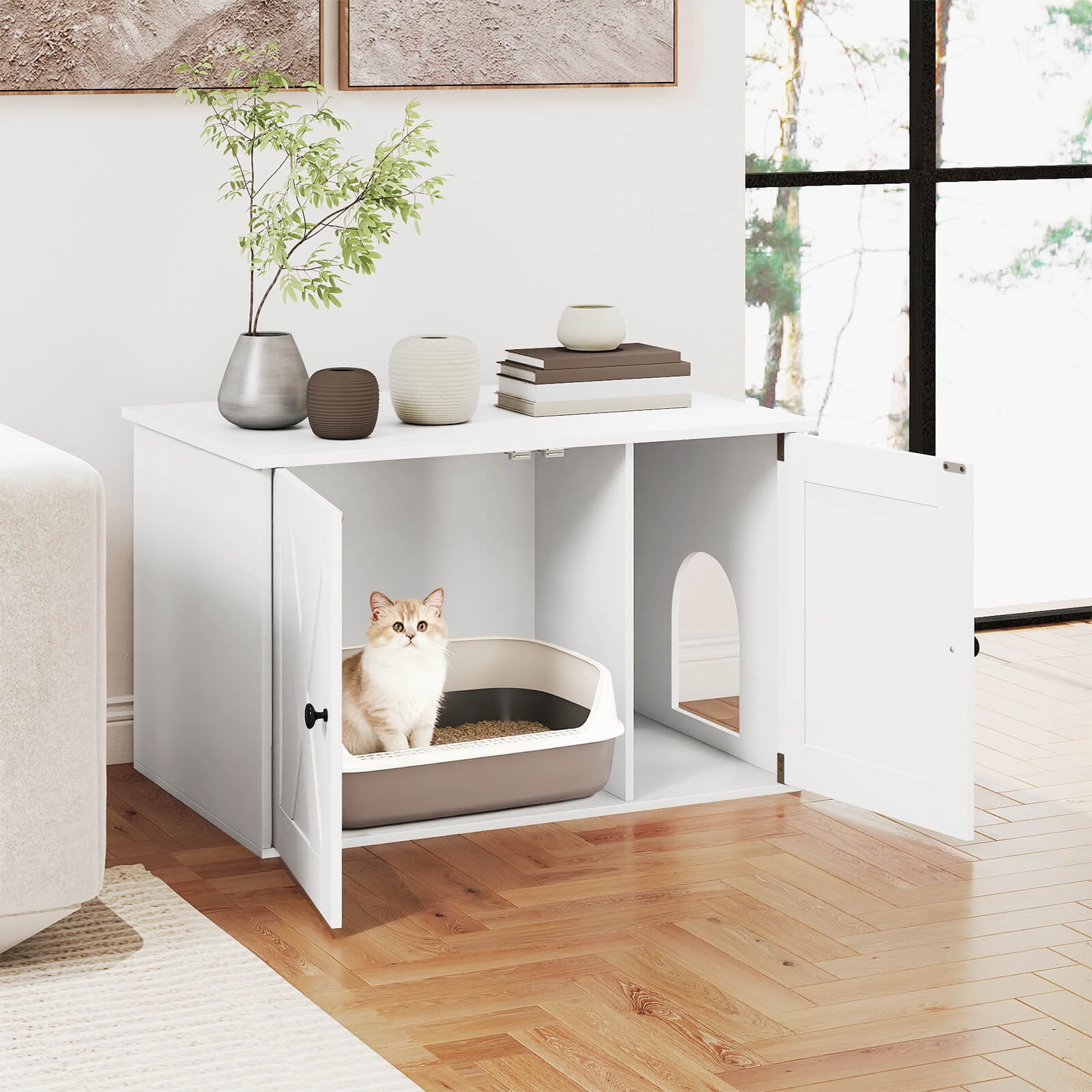 Costway Hidden Cat Litter Box Enclosure Furniture with Divider for Living Room Bedroom White