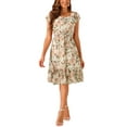 thumbnail image 3 of INSPIRE CHIC Women's Floral Print Elastic Waist Square Neck Ruffled Hem Belted Midi Dress Beige M, 3 of 5