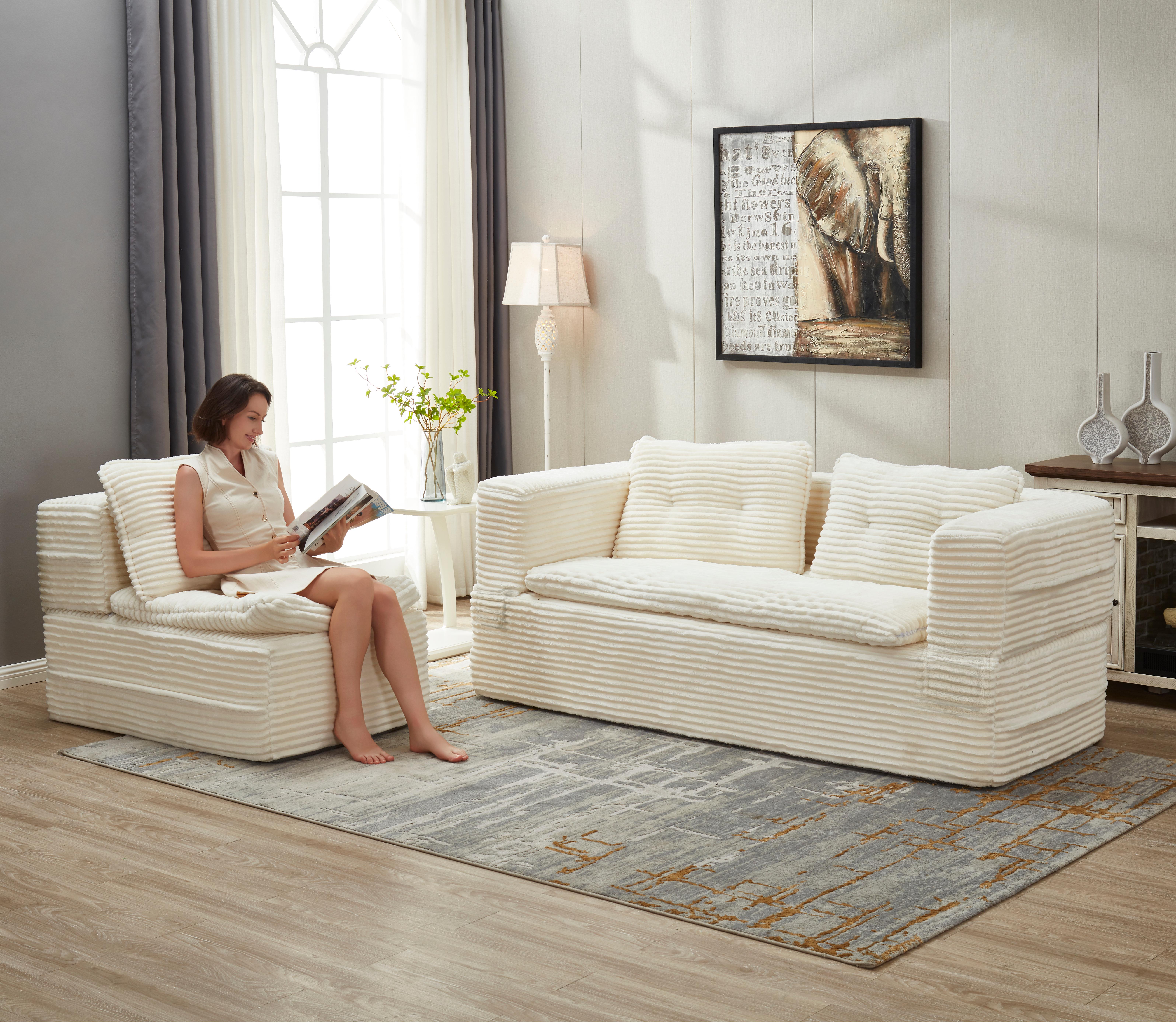 Anpport 80" King Size Convertible Sectional Sofa Bed, Plush Corduroy Deep Seat Couch with Chaise Lounge and Blanket, for Living Room Apartment, Beige