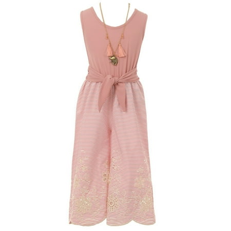 Capri Jumpsuit - Just Kids Girls Rose Knot Accented Necklace Stripe Capri Jumpsuit