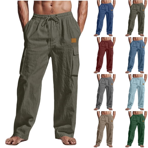Facnwert Men's Summer Fashionable Solid Color Multi Pocket Workwear Drawstring Casual Linen Pants Going Out Everyday Pants