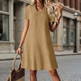 thumbnail image 2 of Laqbezok Women's V-Neck Short Sleeve Dress, Casual Cotton Linen Feel A-Line Sundress, Textured Solid Color Shift Dress with Back Zipper, 2 of 9