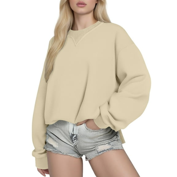 Duoif Fall Sweatshirts for Women Ladies' Casual Sports Sweater - Pure Color Long Sleeve Womens Sweatshirt Beige L