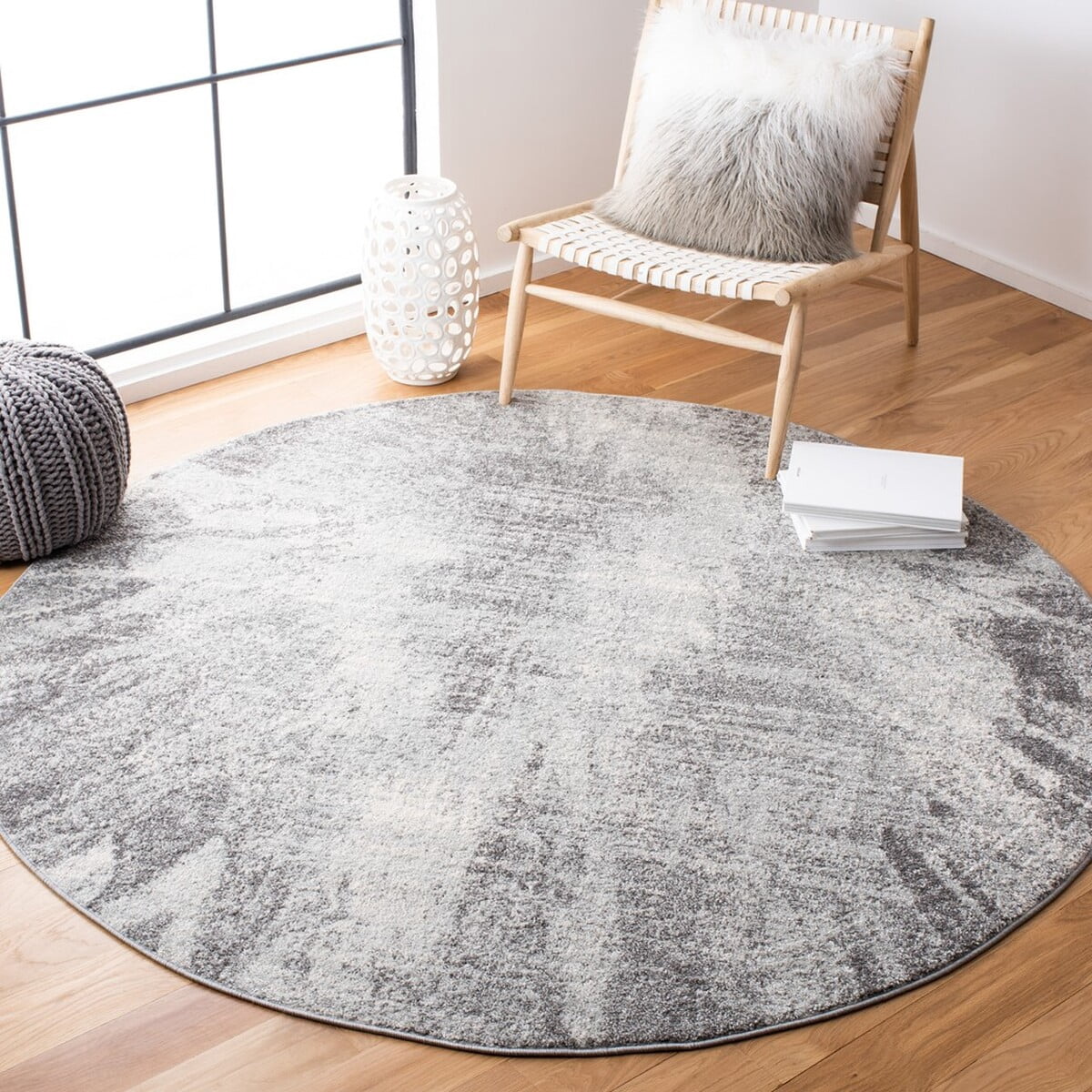 SAFAVIEH Tulum Aleah Abstract Area Rug, 6'7" x 6'7" Round, Ivory/Grey