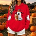 thumbnail image 2 of Women Drop Shoulder Spooky Season Hoodie Drawstring Kangaroo Pocket Fall Halloween Pullover Witch Hat Cute Ghost Pumpkin Spice Drink Bat Front Print Sweatshirt, 2 of 6